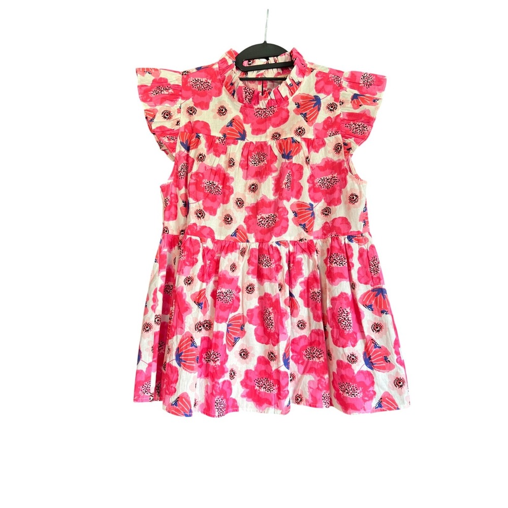 Jodifl Womens Pink Floral Poppy Ruffle Neck Flutter Sleeve Babydoll Top Medium - Picture 11 of 11